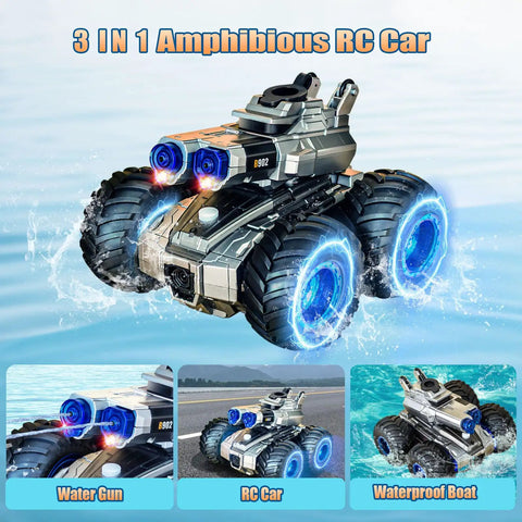 Amphibious Remote Control Car With Water Cannon, Gesture Sensing Stunt RC Boat, Dual Motors, Off Road Monster Truck displayed on water.