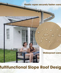 12x10 Lean-To Gazebo Pergola With Weatherproof Canopy, showcasing sloped roof and people sitting under canopy on patio