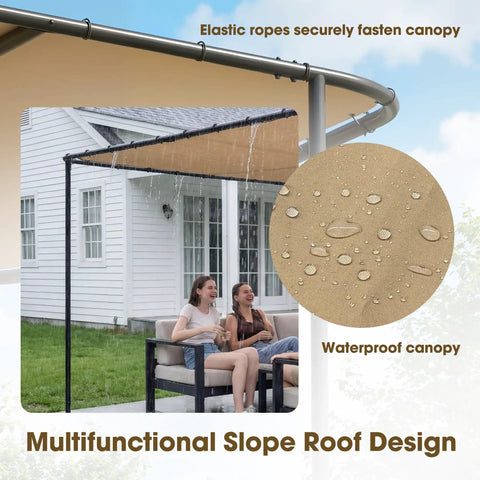 12x10 Lean-To Gazebo Pergola With Weatherproof Canopy, showcasing sloped roof and people sitting under canopy on patio