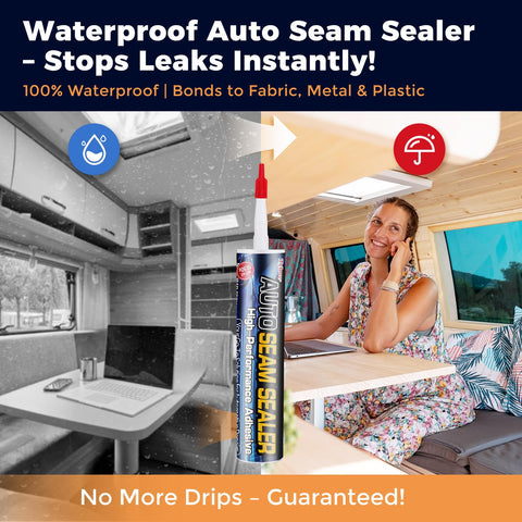 All Surface Auto Seam Sealer Heavy Duty Waterproof Adhesive For Trucks Boats RVs And Auto Body Repair Quick Paintable Sealant For Metal And Plastic No Sanding Required Paint Ready In About 30 Minutes White tube with woman in RV