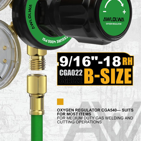 Close-up of Oxygen and Acetylene Regulators for Medium Duty Welding Torch, CGA540 CGA510, 9/16-18 Outlet, twin 1/4 Inch B fittings