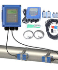Heavy Duty Ultrasonic Liquid Flow Meter With TM-1 And TS-2 Transducers, DN20-700mm, IP67, installed on a pipe with accessories