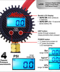 Compact Digital Tire Inflator With Gauge 255 PSI, dual head chuck, 2.5 inch dial showing zero, backlit display, matte black.