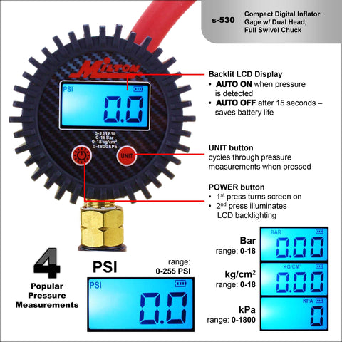 Compact Digital Tire Inflator With Gauge 255 PSI, dual head chuck, 2.5 inch dial showing zero, backlit display, matte black.