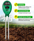 3 In 1 Soil Moisture Light And PH Tester for home garden lawn farm, showing dual sensors, no battery needed, humanized design.