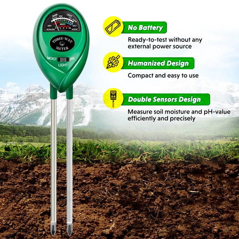 3 In 1 Soil Moisture Light And PH Tester for home garden lawn farm, showing dual sensors, no battery needed, humanized design.