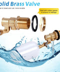 Solid Two Pack Of 3/4 Inch Brass Float Valve With Auto Fill Mechanism For Pool And Pond Water Level Control Featuring Heavy Duty Adjustable Arm And Badass Durability That Goes Hard Without Rusting, featuring brass valves and white float in water.