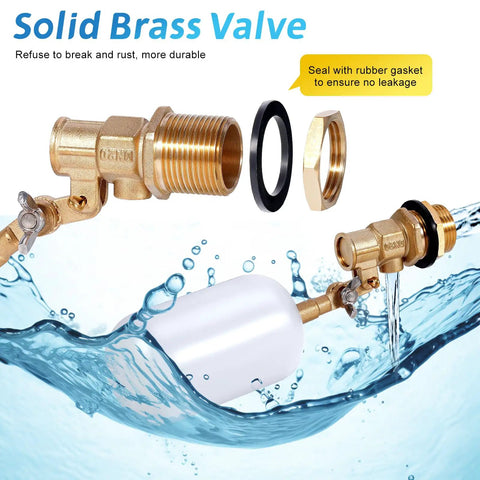 Solid Two Pack Of 3/4 Inch Brass Float Valve With Auto Fill Mechanism For Pool And Pond Water Level Control Featuring Heavy Duty Adjustable Arm And Badass Durability That Goes Hard Without Rusting, featuring brass valves and white float in water.