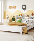 Solid Pine Wood Full Bed With Built In Bookcase Headboard LED Motion Sensor Night Light White Finish And Flexible Guardrails For Safe Sleep Perfect For Kids And Guest Rooms, displayed in a bright room with toys.