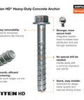 Heavy Duty Screw Anchor For Concrete 5/8 Inch X 6 Inch Titen HD Hex Washer Head Zinc Plated Pack Of 10 For Crack Free Sill Plates Ledgers
