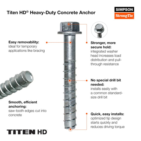 Workhorse Heavy-Duty Screw Anchor For Concrete 0.5 Inch By 3 Inch Hex Washer Head Zinc Plated, strong hold design details