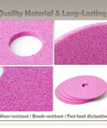 Four Piece Heavy Duty Chainsaw Grinding Wheel Fits Bench Mounted Sharpeners For 3 8 Pitch Chains showing pink abrasive discs with holes.