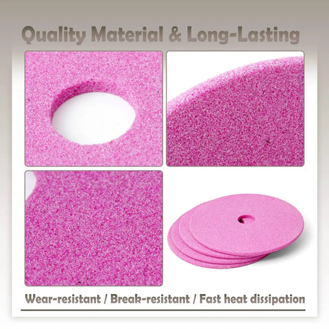 Four Piece Heavy Duty Chainsaw Grinding Wheel Fits Bench Mounted Sharpeners For 3 8 Pitch Chains showing pink abrasive discs with holes.