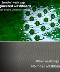 Close-up of a green scrub surface in the Pocket Friendly Travel Laundry Sack With A Built In Washboard Surface for efficient scrubbing.