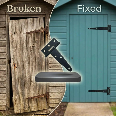 Image contrasting broken and fixed barn doors with Six Pack Four Inch Galvanized T Hinges delivering badass durability for outdoor upgrades.
