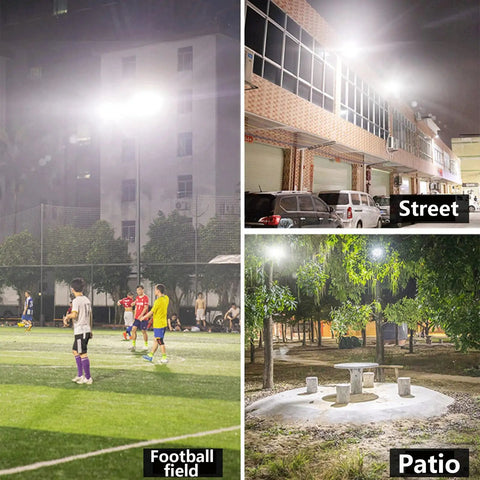 Light Up Your Block With This Tough As Nails Solar Motion Floodlight Waterproof Led Security Lamp Heavy Duty Energy Saving Weather Ready Yard Patio Entrance 30W 100W illuminated football field and patio areas at night.