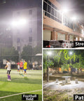 Tough As Nails Solar LED Floodlight With Smart Motion Detection illuminating a football field, street, and patio at night.