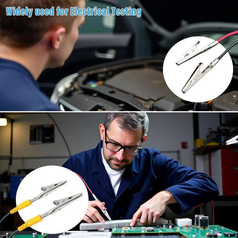 Heavy Duty 50mm Metal Alligator Clips 50 Pack used for electrical testing and lab work, shown with soldering equipment