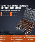 Half Inch Drive Impact Socket Set, 65-Piece SAE And Metric, from Three-Eighths To One-And-A-Quarter Inch, in open storage case.