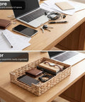 Water Hyacinth Letter Tray Desk Organizer before and after organizing desk items, wicker mail sorter with metal frame on table.