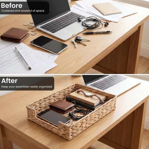 Water Hyacinth Letter Tray Desk Organizer before and after organizing desk items, wicker mail sorter with metal frame on table.