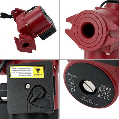 Reliable Replacement Water Circulator Pump For Baseboard Heat 115V with cast iron construction and electric connections, showing different angles.