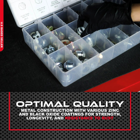 Oil Drain Plug Kit 76 Piece Assortment With SAE And Metric Plugs And Washer Gasket Set in clear case with hand accessing plugs