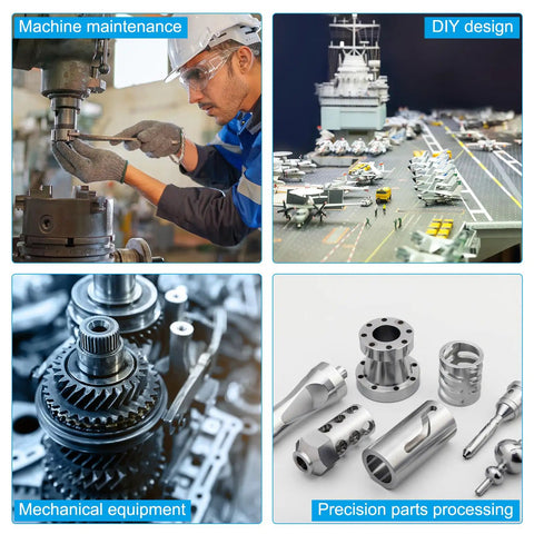 Collage showing machine maintenance, DIY design, mechanical equipment, and precision parts processing with various tools and components.