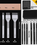 All In One Pro Grade Leather Stitching Hole Punch Tool Set with 4mm, 1, 2, 4, and 6 prong punches, protective mat, and metal box