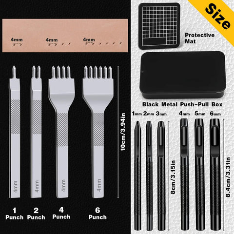 All In One Pro Grade Leather Stitching Hole Punch Tool Set with 4mm, 1, 2, 4, and 6 prong punches, protective mat, and metal box