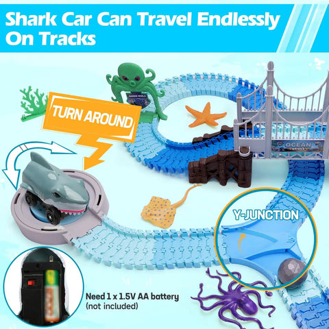 Shark Race Track Set With Bendable Cars For Kids Aged 3 To 9, 183 Piece Ocean Themed STEM Playset Featuring Flexible Tracks and Bridge