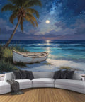 Beach Night Sky Oil Painting Photo Wallpaper With Ocean Rowing Theme Large Wall Mural For TV Backdrop And Chill Bedroom Or Living Room Decor 108 Inch Wide By 75 Inch High Dark Blue