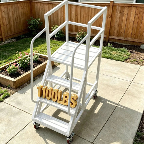 Top Shelf Easy Glide Six Step Warehouse Ladder With Triple Guardrails And Double Handrails Industrial Mobile Platform Staircase On Wheels Built Tough Handle Eleven Hundred Pound Load