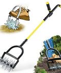 Heavy Duty Rotary Cultivator For Gardening With Long Handle Workhorse Tiller showing easy grip and spikes in action for soil aeration