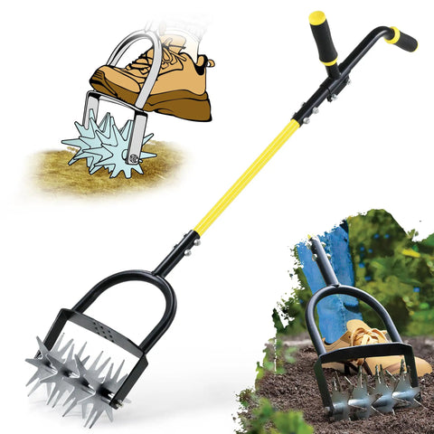 Heavy Duty Rotary Cultivator For Gardening With Long Handle Workhorse Tiller showing easy grip and spikes in action for soil aeration