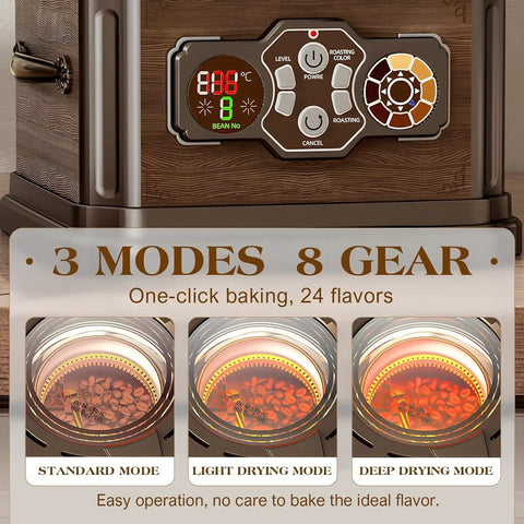 Home And Cafe Coffee Bean Roaster With Eight Heat Settings Dead Quiet Operation Precise Temperature Control showcasing control panel with temperature settings.