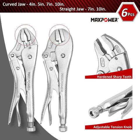 Pro Grade 15 Piece Locking Pliers Set With C Clamps Long Nose Pliers Pinch Off Pliers Sheet Metal Clamp U Shaped Pliers And Tool Bag Built For DIYers And Pros, showing two silver locking pliers with curved and straight jaws.