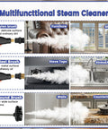 Heavy Duty Handheld Steam Cleaner With 14 Piece Accessory Kit And Six Speed Options in use on various surfaces.