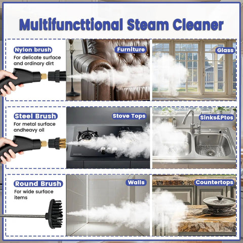 Heavy Duty Handheld Steam Cleaner With 14 Piece Accessory Kit And Six Speed Options in use on various surfaces.