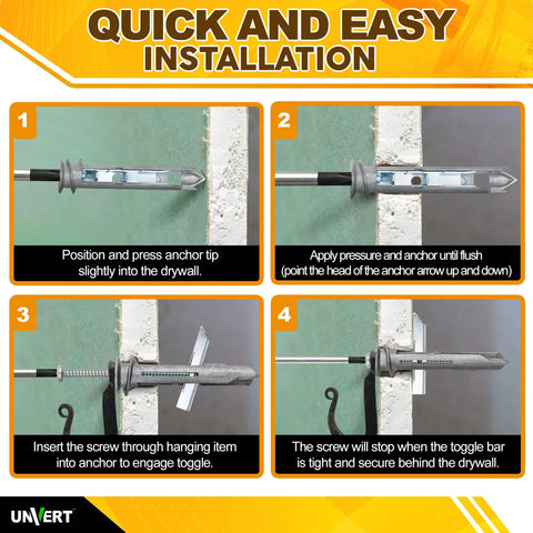 Installation steps for Heavy Duty Drywall Anchors With Self Drilling EZ Toggle Anchors And Screws Size 8, showing drywall application.