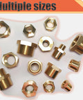 Front view of brass pipe reducer bushings set, 3/4 MNPT to 1/4 FNPT, hex fittings