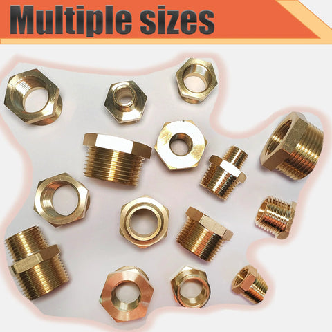 Front view of brass pipe reducer bushings set, 3/4 MNPT to 1/4 FNPT, hex fittings