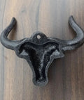 Indoor Outdoor Heavy Duty Cast Iron Wall Hooks Two Pack No Hassle Vintage Beard Design showing a bull head wall hook.