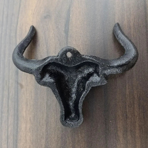 Indoor Outdoor Heavy Duty Cast Iron Wall Hooks Two Pack No Hassle Vintage Beard Design showing a bull head wall hook.
