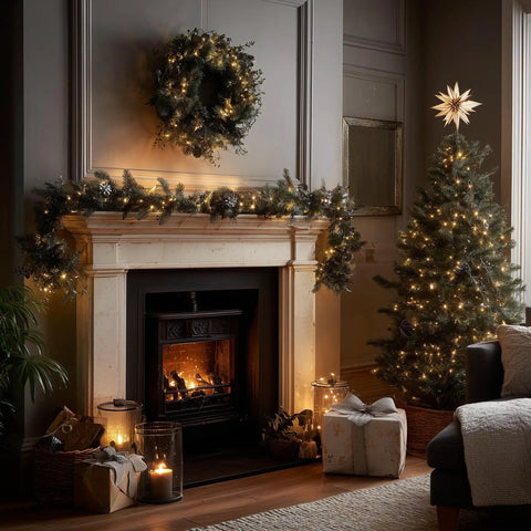 Warm White Incandescent Christmas Lights Outdoor 20ft String With 100 Bulbs Waterproof For Xmas Decor glowing around a fireplace