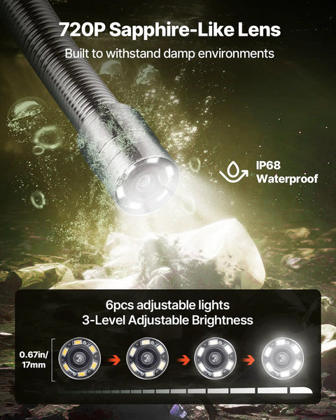 Sewer Camera Probe Kit With 164 Ft Cable, 4.3 Inch Color Screen, IP68 Waterproof Drain Inspection Tool With 6 Adjustable LEDs, Long Battery Life, SD Card Included, Dope For Pipes, Ducts, And Sewer Lines; close-up probe head in water
