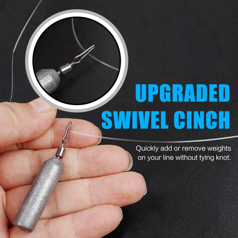 Close-up of a hand holding a pencil shaped lead sinker with barrel swivel for drop shot rigging, designed for freshwater bass and saltwater fishing.