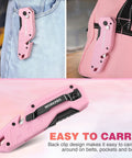 Pink WORKPRO folding utility knife clipped to jeans pocket and pink bag; features black carry clip.