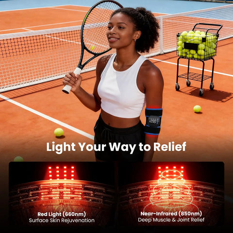 Tennis player wearing infrared heated wrist wrap with vibration massage for carpal tunnel and arthritis, cordless pain relief device.