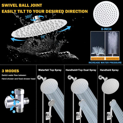 Infographic showing High-Pressure 8 Inch Rain Shower Head with 3 modes, swivel joint, and water spray patterns.